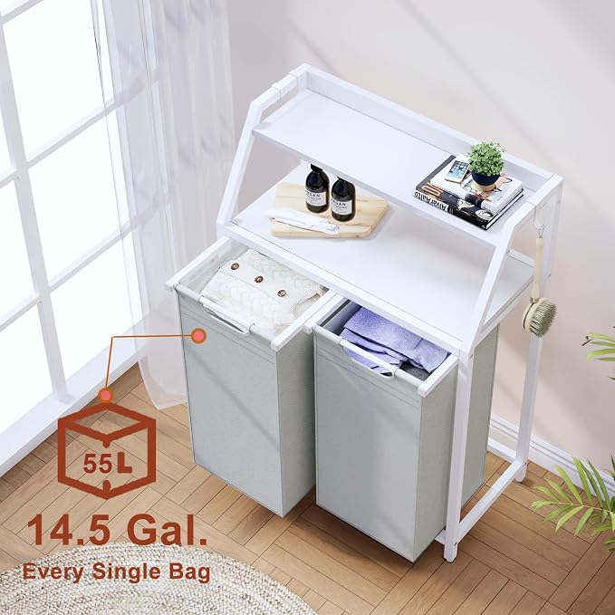 Laundry Hamper, Laundry Sorter 2 Section, Rolling Laundry Basket with Wheels, 2 Shelves, 2 × 14.5 Gal, Pull-Out and Removable Oxford Fabric Bags, for Laundry Room, White and Grey - Image 4