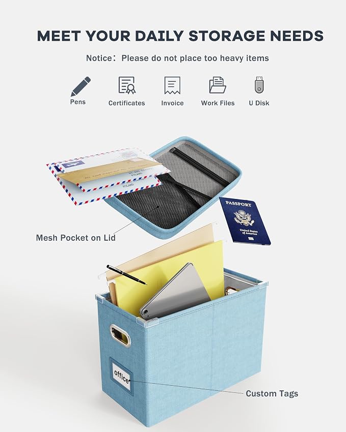 Portable Document Organizer with Lid, Hanging Storage Box with Mesh Pocket for Letter Files, Smooth Sliding Rail - Sky-blue (1 PCS) - Image 4
