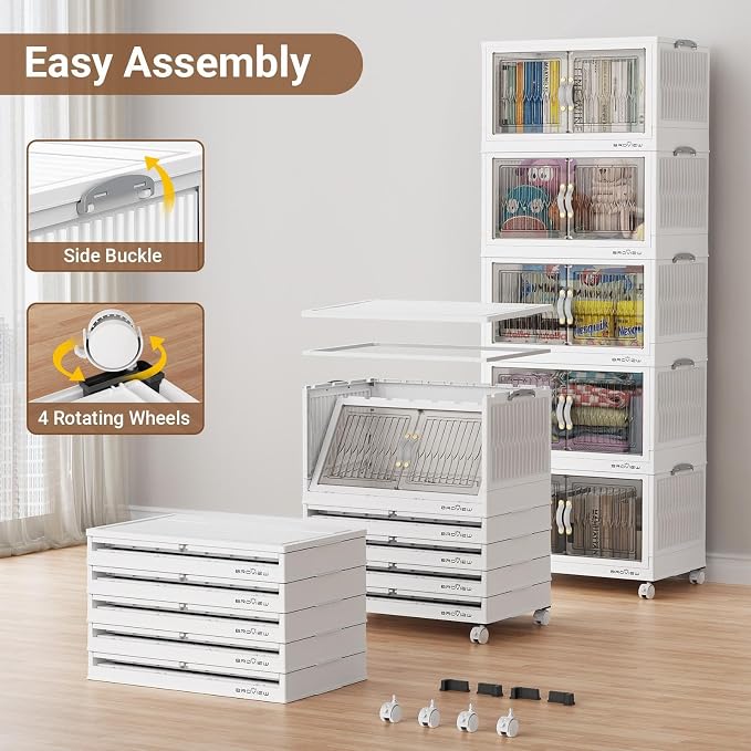 BROVIEW 360Qt Stackable Storage Bins with Lid, Extra Large Closet Organizer Collapsible Drawer Boxes with Wheels, Folding Plastic Cabinet Containers for Home Kitchen Room Organization, 3Pack White - Image 7