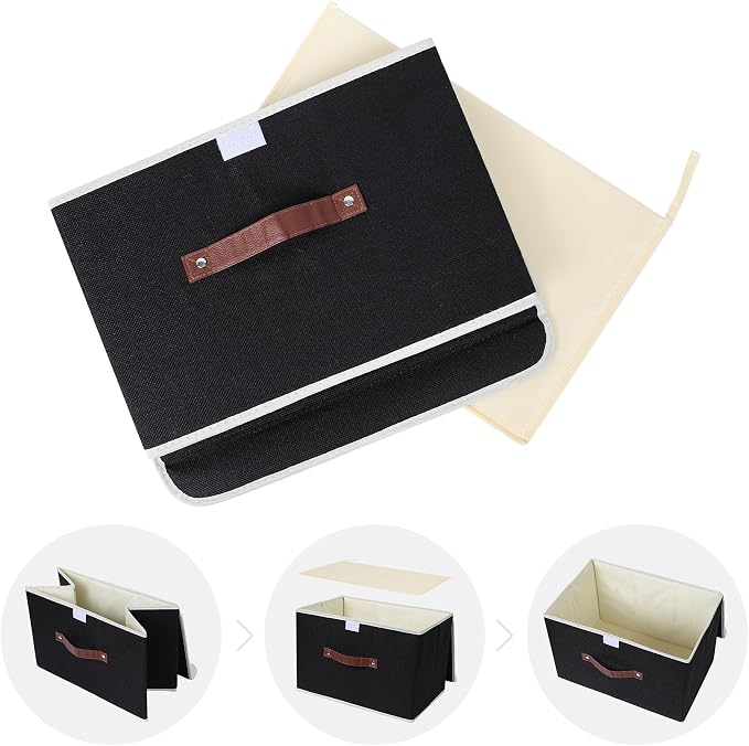 ANMINY Fabric Storage Box Bins with Lids, Black, 15"x10"x10", 4 Pack | Keepsake Memory Storage, Cotton Linen, PP Board Reinforced, Washable, PU Handles, Foldable & Stackable, Decorative, Large - Image 6