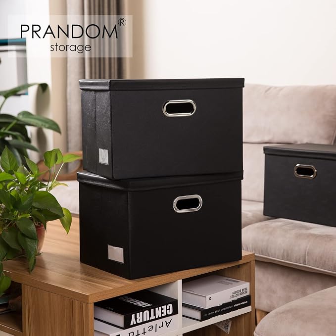 Foldable Storage Bins with Lids [5-Pack] Leather Fabric Collapsible Storage Boxes Organizer Containers Baskets Cube with Cover for Bedroom Closet Office Nursery Black (14.9x10.8x10) - Image 2
