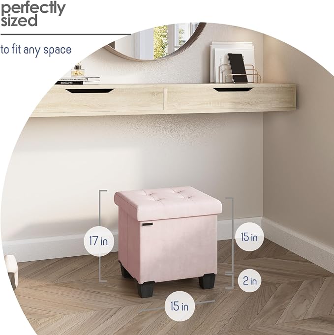 Storage Ottoman Cube with Small Bin, 15-in Square Ottoman with Storage for Living Room and Bedroom, Small Ottomans Foot Rest, Velvet Foot Stools Ottomans Max 330lbs, Pink - Image 9