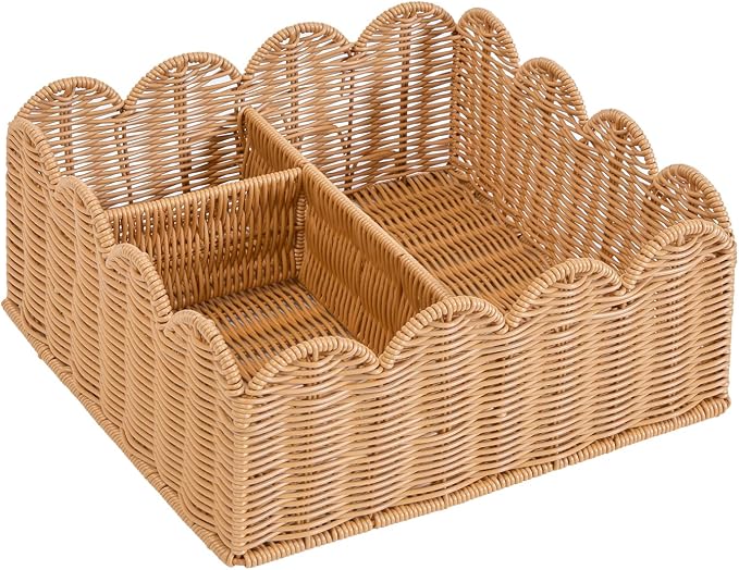 Rattan Divided Scalloped Basket,Wicker Diaper Caddy Scalloped Baske,Woven Natural Basket with 4 Dividers,Suitable for Baby Rooms, Bathrooms, Bedrooms (Imitation Rattan) - Image 5
