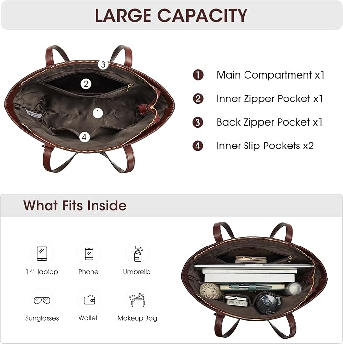 Kattee Vintage Genuine Leather Work Tote for Women | Spacious interior with a zip compartment for organized work, travel, and everyday essentials. - Image 6