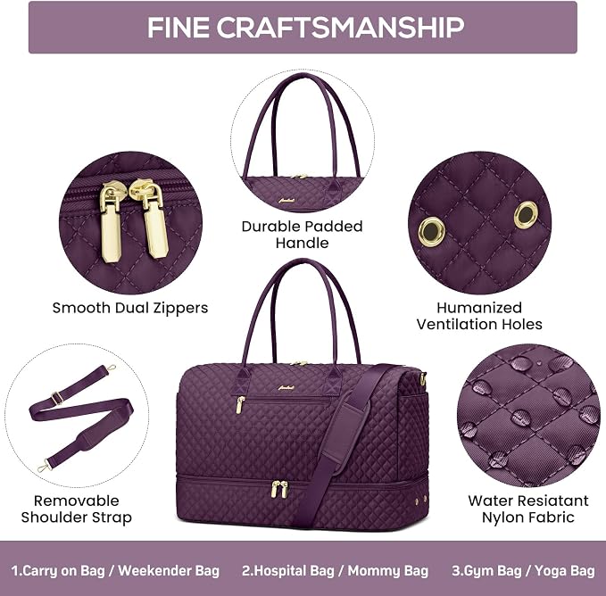 Travel Weekender Duffle Bags for Women - Large Carry On Bag with Shoe Compartment Overnight Bag with Toiletry Bag Duffel Bags with Wet Pocket for Gym Hospital Bags for Labor and Delivery Dark Purple - Image 5