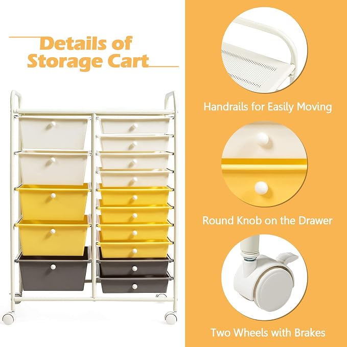 GOFLAME 15-Drawer Rolling Storage Cart, Craft Storage Cart with Removable Drawers & Lockable Wheels, Art Cart Supply Storage Organizer for Home Office Classroom, Yellow - Image 5