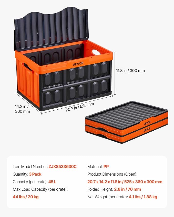 VEVOR Plastic Collapsible Storage Bins with Lids, 45L 3Packs, Stackable Folding Storage Crates with Handles, Holds 44 lbs Per Bin, Heavy Duty Containers, Space-Saving Baskets, for Home Organizing - Image 7