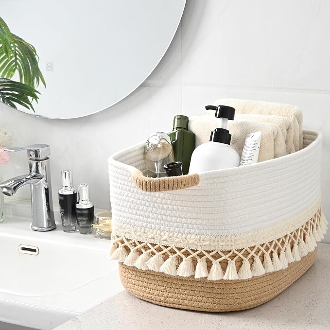 3 Pack Storage Basket for Shelves, Boho Cotton Rope Storage Bins with Heavy Tassel, Shelf Baskets Large Woven Baskets for Organizing, Cube Organizer Bins, Baby Laundry Basket for Clothes, Toys, Pets - Image 8