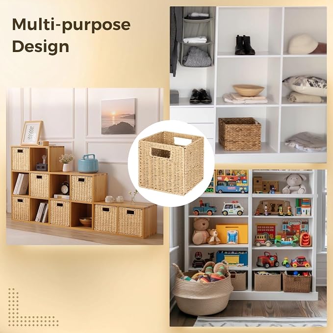 OMISTAR 6 Pcs 8.7 Inch Wicker Storage Cubes Bins - Woven Paper Rope Storage Baskets, Foldable Storage Bins with Handles, Collapsible Square Storage Containers for Shelves, Closets, 8.7×8.7×8.7" - Image 5