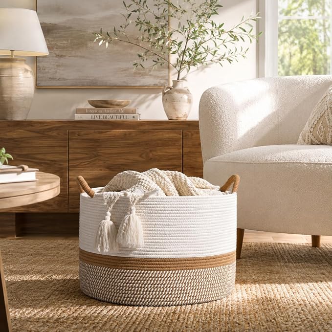 KAKAMAY Large Blanket Basket with Handles, Storage Basket for Living Room | Extra Large Capacity | Blanket Storage | Laundry Basket | Natural Cotton Rope | Stuffed Animal Storage | Woven Storage Basket - Image 6