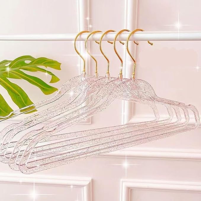 Pink Clothes Hangers 16", 40 Pack Plastic Clear Coat Hanger for Adult Closet, Durable Bling Ganchos de Ropa with Swivel Hook, Notched Shoulders & Ultra-Thin Space Saving Laundry Hanger for Dress Suits - Image 8