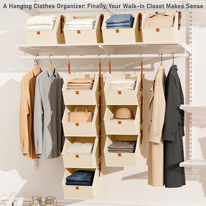 DIMJ Hanging Closet Organizer - 4 Tier Collapsible Hanging Shelves with Hooks Zipper, Fabric Clothes Organizer, Space-Saving Storage Bin Basket for RV, Bedroom, Laundry Organization - Image 2
