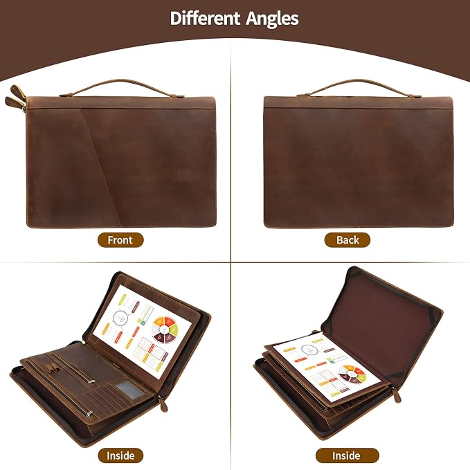 Genuine Leather Portfolio Organizer for Men Women with Handle, Full Grain Leather Padfolio Folder with Zipper Business Resume Portfolio for 12.9" iPad, Brown, RS118 - Image 5