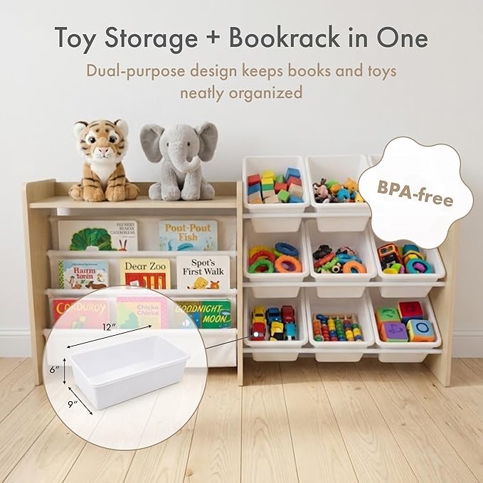 Humble Crew Kids Toy Storage Organizer, Front Facing Bookshelf, 9 Bins Wood | Removable bins, solid hardwood, 49 in wide with top shelf, toddler friendly, easy cleanup, for playrooms and nurseries - Image 4