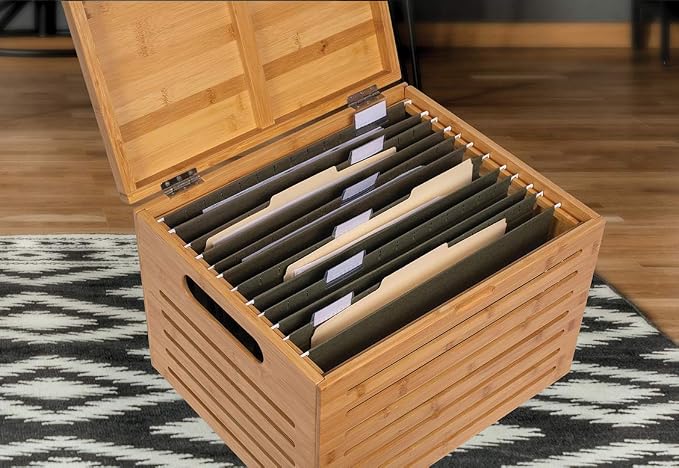 BIRDROCK HOME Rolling File Storage Organizer Box with Lid - Bamboo Decorative Wood Hanging File Box for Letter/Legal Documents, Binders, Blankets - Durable Office Organizer - Natural - Image 9