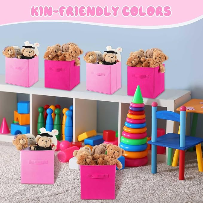Yinder 12 Pcs Cube Storage Bin Pink 10.5''x10.5''x11'' Storage Bins for Playroom Decor Colorful Bins for Kids Foldable Baskets for Nursery Organizer Boxes Fabric Boxes - Image 6