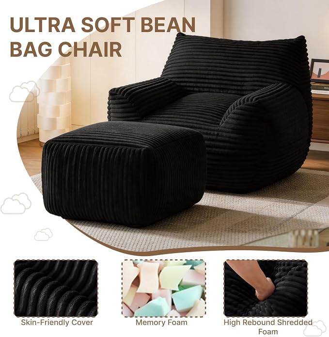 Oversized Bean Bag Chair with Ottoman, Bean Bag Couch with 2 Side Pockets, Corduroy Boneless Couch Chair in a Box, Comfy Lounge Chair for Living Room, Bedroom, Dorm, Black - Image 6