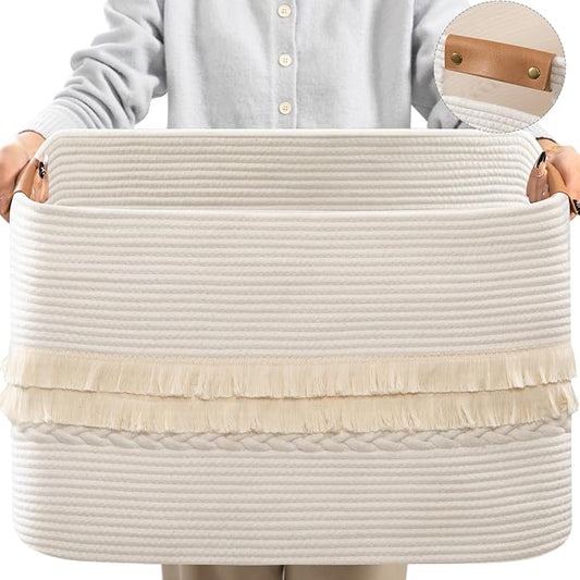 108L Large Basket for Living Room, Boho Decorative Basket Organizing with Handles, Cotton Rope Storage for Toys, Pillows, Clothes, 25’’*16’’*16’’ White by danpinera