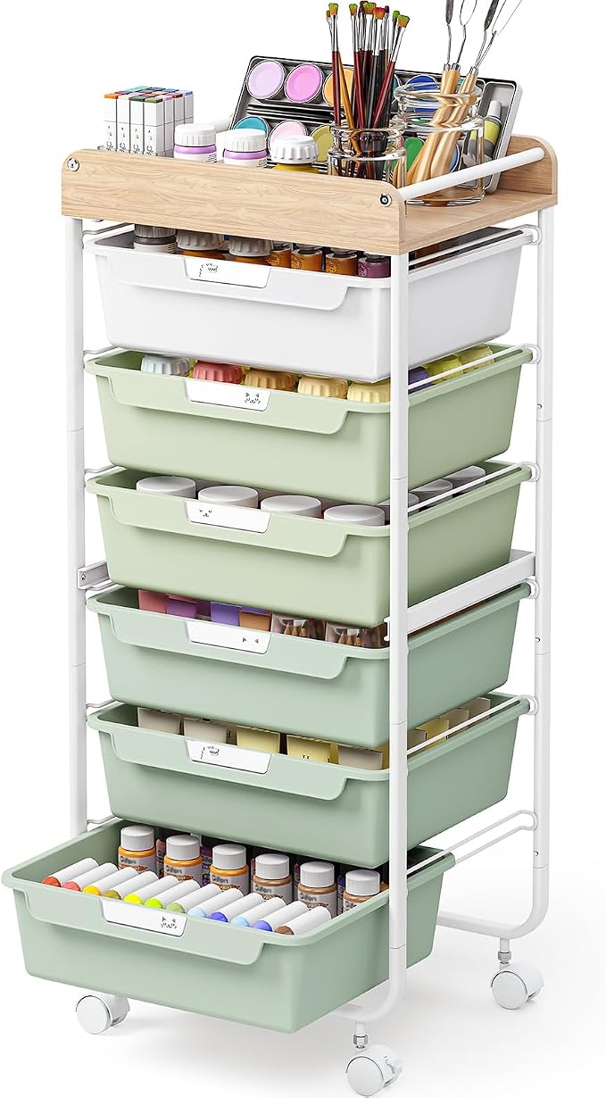 SYKIARIOL Rolling Cart with 6 Drawers,Art Craft Organizer and Storage,Green | Utility Storage Cart with Drawers,Makeup Organizer With Wooden Tabletop by SYKIARIOL