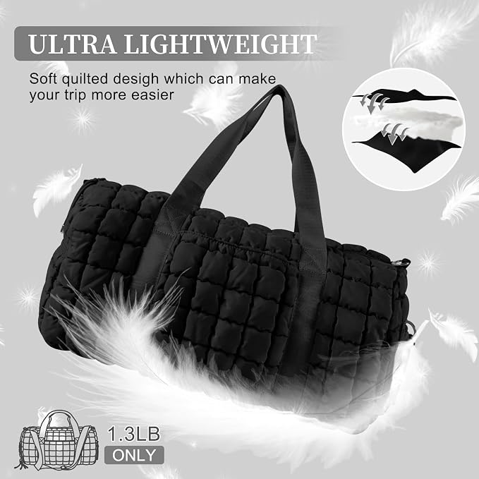Quilted Travel Duffle Bag Gym Bag for Women,Large Puffer Duffle Weekender Bag with Compartment,Workout Overnight Carry on Organizer Bag Duffle Bag for Airplane Travel(Black) - Image 7