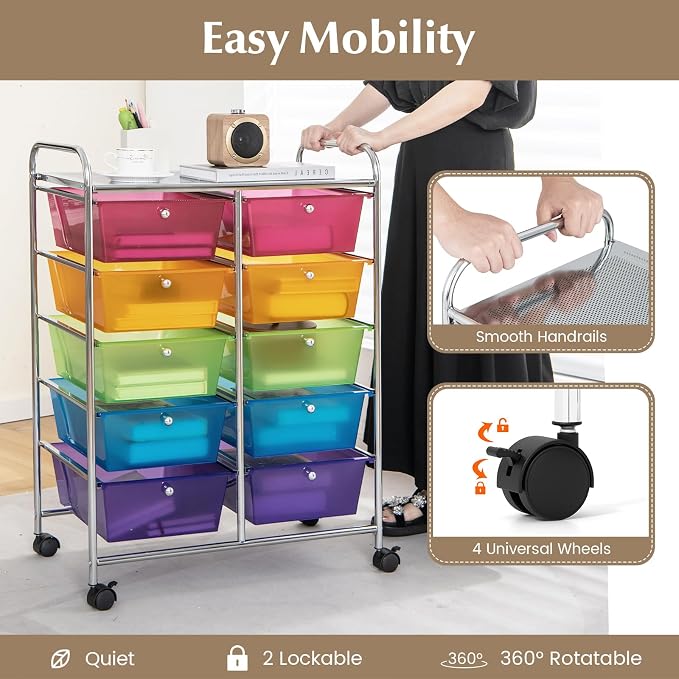 RELAX4LIFE Rolling Storage Cart with 10 Drawers - Craft Storage Cart with Lockable Wheels,Utility Cart, Art Cart Organizer for Crafting Storage, Studio, Office, School Rolling Drawer Cart (Rainbow) - Image 4