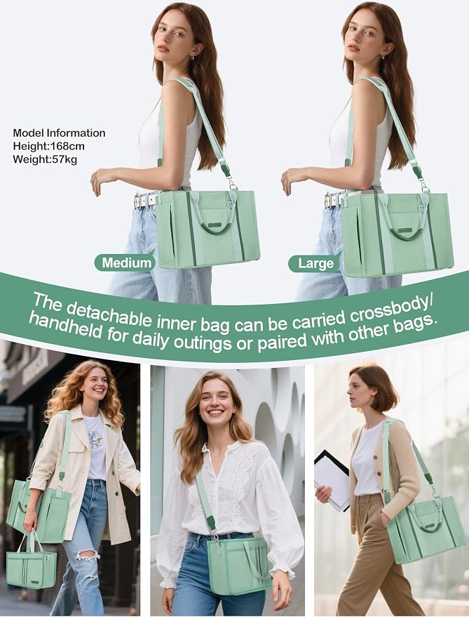 BESBESME Women’s Canvas Tote Bag with Zipper and Compartments – Multi-Pocket Laptop Work Crossbody Shoulder Tote Purse - Image 5