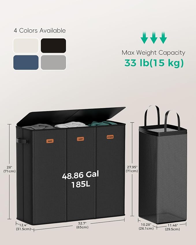185L Laundry Hamper 3 Section with Lid & Removable Bags | Collapsible laundry basket organizer for laundry room, bedroom & dorm with 3 removable washing bags - Image 5