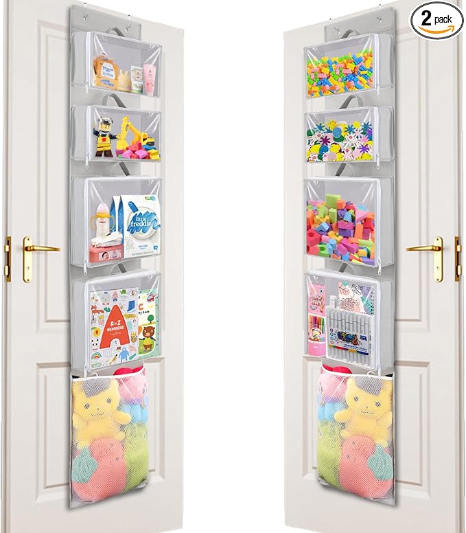 Woodoulogy 2PACK Hanging Toy Storage over Door, Block Stuffed Animal Organizer Idea with 4 Removable Case Bag, Bi-Fold Closet Holder with Mesh Pocket by WOODOULOGY