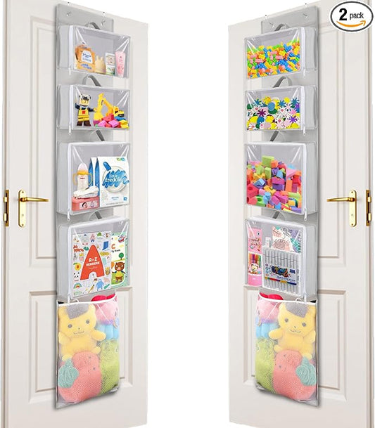 Woodoulogy 2PACK Hanging Toy Storage over Door, Block Stuffed Animal Organizer Idea with 4 Removable Case Bag, Bi-Fold Closet Holder with Mesh Pocket by WOODOULOGY