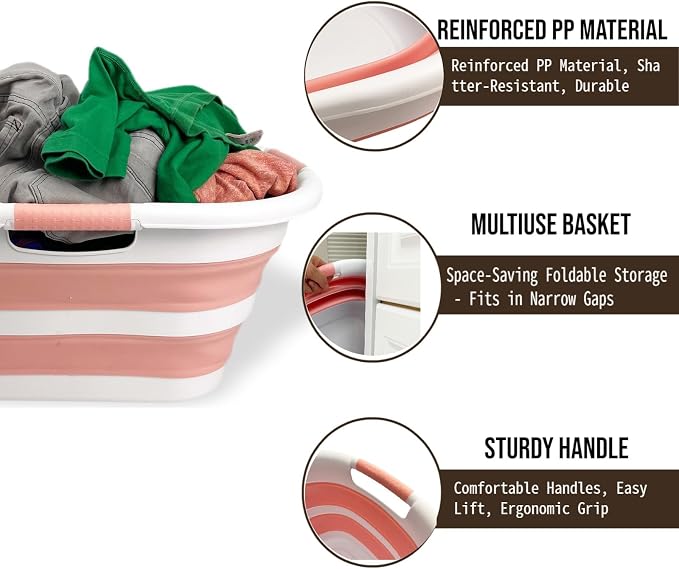 SAMMART 40L (10.5 gallon) Set of 2 Collapsible Plastic Laundry Hamper - Foldable Pop Up Storage Container/Organizer - Portable Washing Tub - Space Saving Basket (2, White/Quartz Pink) - Image 4