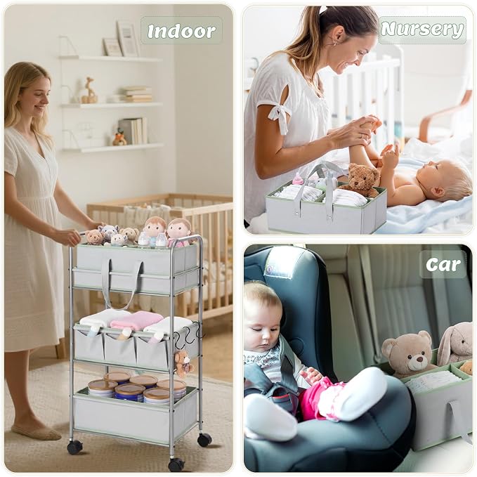 FoldTier 2in1 Colorful Baby Diaper Caddy Organizer Cart 3 Tier Large Capacity Metal Utility Bedside Rolling Cart with Divider for Newborn Nursery Essential Must Have Crib Bedroom Baby Shower(Green) - Image 5