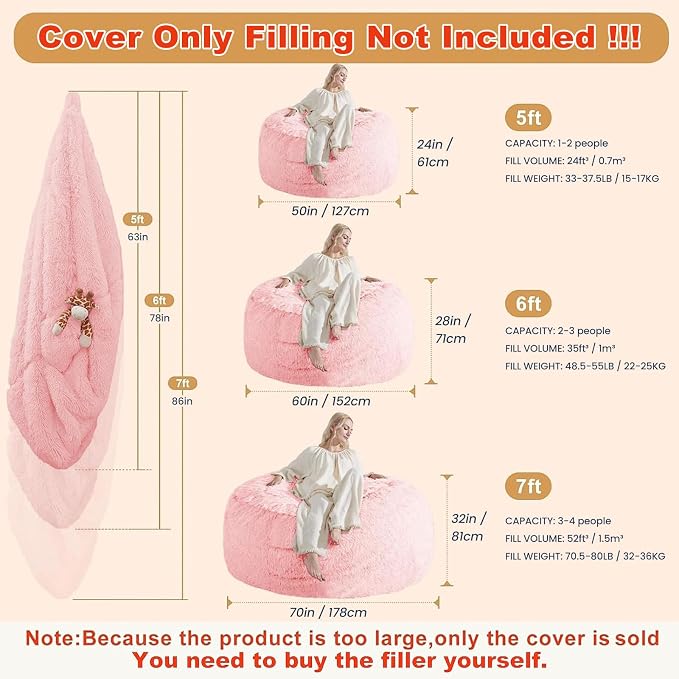 Fluffy Bean Bag for Stuffed Animals Storage, Faux Fur Washable Bean Bag Chair Cover(No Filler) for Textile Plush Toys, Beanbag Chair Cover for Adults Kids Teens, 5FT, Pink - Image 2