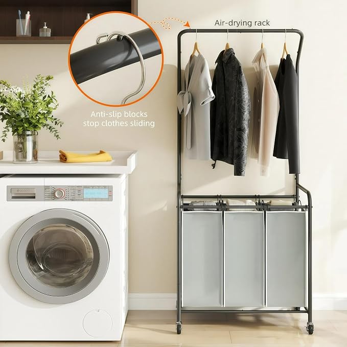 ROMOON Laundry Sorter Hamper with Hanging Bar, 3 Section Laundry Cart | Rolling Laundry Basket Organizer with Clothes Rack & Heavy-Duty Lockable Wheels for Apartment, Dorm, Small Spaces, 135L, Grey - Image 2