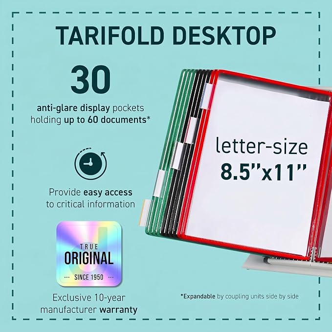Tarifold Desktop Reference Display System, 30 Pockets, Expandable, Assorted | 30 Double-Sided PVC Pockets, Holds 60 Letter-Size Sheets, Sturdy Metal Base, Quick-Find Indexing, Quick and Easy to Assemble - Image 2