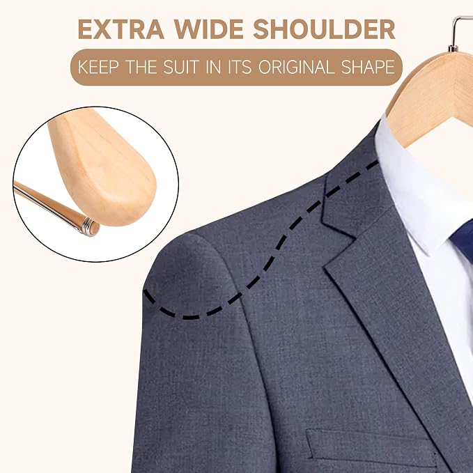 Wide Shoulder Wooden Hangers with Locking Bar, Natural Wood, 6-Pack | Non-Slip Suit Hangers with Flat-Head Hook for Suits, Jackets, Coats, Shirts, Outerwear and Heavy Clothes - Image 4
