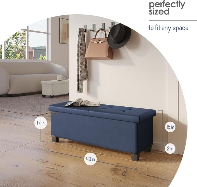 Storage Ottoman Bench with Bins, 43-in Storage Bench for Bedroom End of Bed, Folding Foot Rest Ottoman for Living Room Max 660lbs, Leather Ottomans, Blue - Image 3