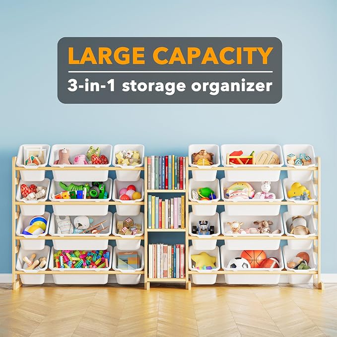 SpaceAid Large Toy Storage Organizer with 24 Bins and 3 Shelves, Toy Organizers Storage Bookshelf, Kids Bin Shelf Box Bookcase for Bedroom Playroom Organization Room Decor, White - Image 3