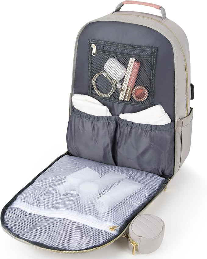 Diaper Bag Backpack, Quilted Baby Bag with Changing Pad and Stroller Straps and Pacifier Case, Multifunction Waterproof Travel Diaper Bags, Unisex, Light Grey and Pink - Image 6