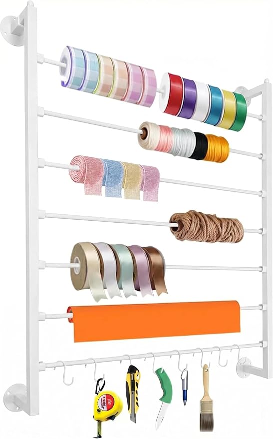 Xbsyhx 7-Tier Wall Mount Ribbon Rack for Craft Room, White | ribbon organizer holds wrapping paper, scarves, towels. Metal rack with hooks for craft room, flower store, closet by Unknown