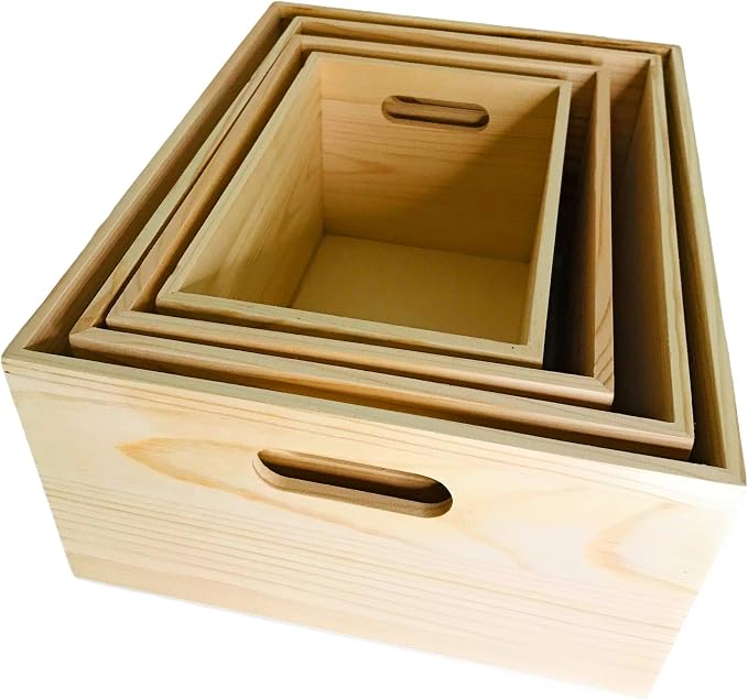 Unfinished Wooden Crates 4 Pack - Nesting Pine Wood Boxes with Handles | Decorative Storage Boxes for Crafts, DIY, Farmhouse Decor, Kitchen, Pantry Display - Stackable Graduated Sizes, Oojami - Image 6