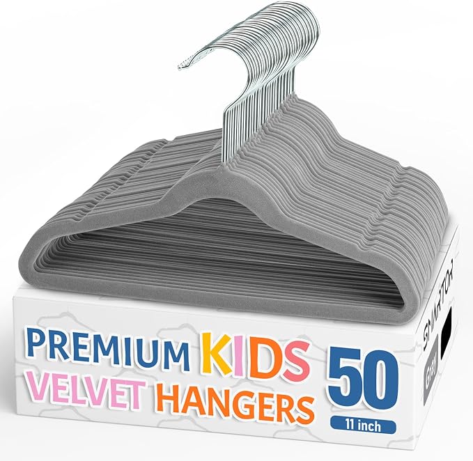 Premium 11 Inch Baby Hangers 50 Pack, Kids Velvet Hanger, Non Slip | Grey Space Saving Felt Hangers Clothes Organizers for Closet with 360° Swivel Hook for Children, Infant & Toddler by Smartor