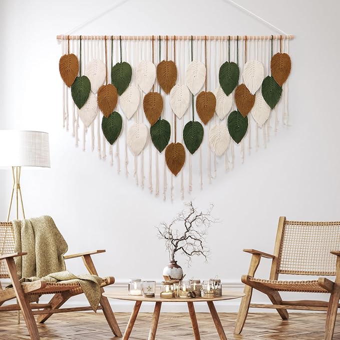 Large Macrame Wall Hanging Boho Woven Tapestry Chic Home Decor Wall Art | KHOYIME Modern Bohemian Handmade Leaf Feather Decorations for Apartment Living Room Bedroom Nursery Backdrop 51.5"W X 33.5"L - Image 4
