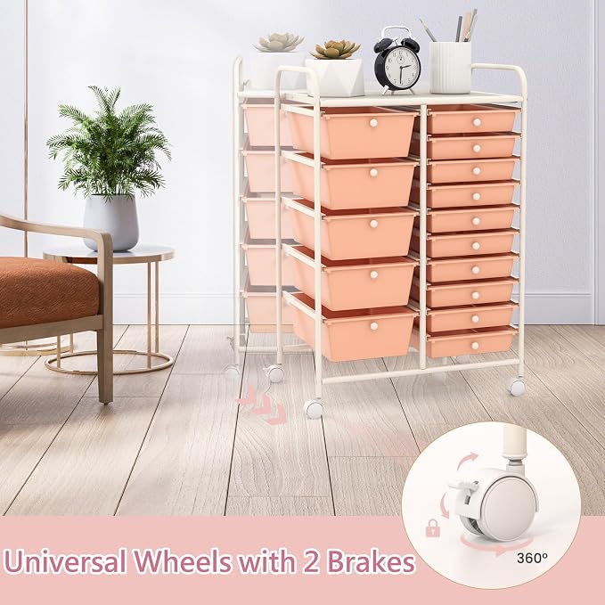 RELAX4LIFE 15-Drawer Storage Drawer Carts - Mobile Rolling Utility Cart w/Wheels, Craft Organizer for Classroom Organization and Storage, School, Office, Home, Storage Organizer Cart (Pink) - Image 5