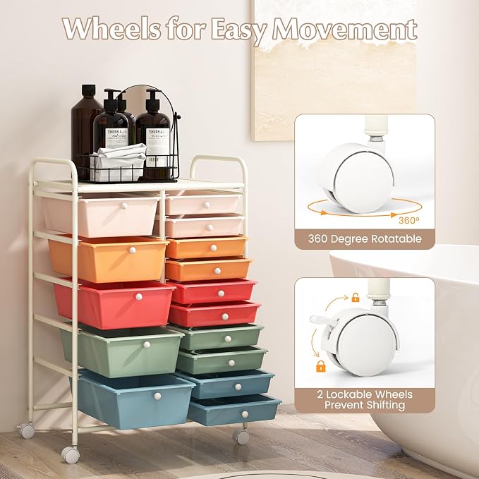RELAX4LIFE 15-Drawer Storage Drawer Carts - Mobile Rolling Utility Cart w/Wheels, Craft Organizer for Classroom Organization and Storage, School, Office, Home, Storage Organizer Cart (Macaron) - Image 7
