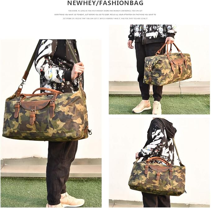 Oversized Travel Duffel Bag Waterproof Canvas Genuine Leather Weekend bag Weekender Overnight Carryon Hand Bag Camo - Image 7