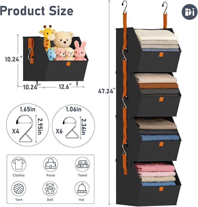 DIMJ Hanging Closet Organizer - 4 Tier Collapsible Hanging Shelves with Hooks Zipper, Fabric Clothes Organizer, Space-Saving Storage Bin Basket for RV, Bedroom, Laundry Organization - Image 3