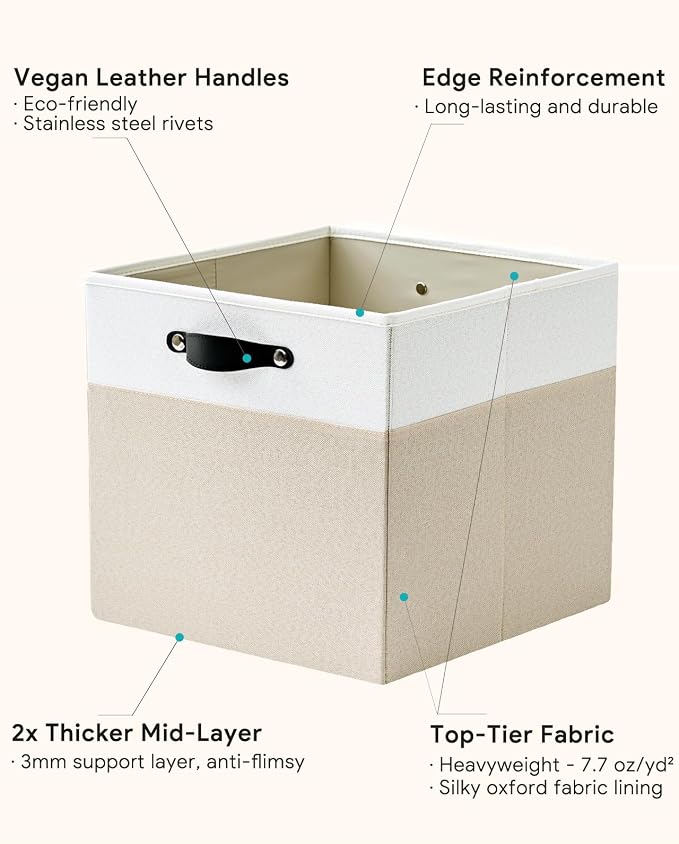 Cube Storage Bins | 9.5"x9.5"x9.8", Beige & White, 6 Pack | Multi-Size | 2X Thick Support Board | Vegan Leather Handles | 7.7 oz/yd² Fabric | 10"x10" Drawer Insert Basket - Image 6