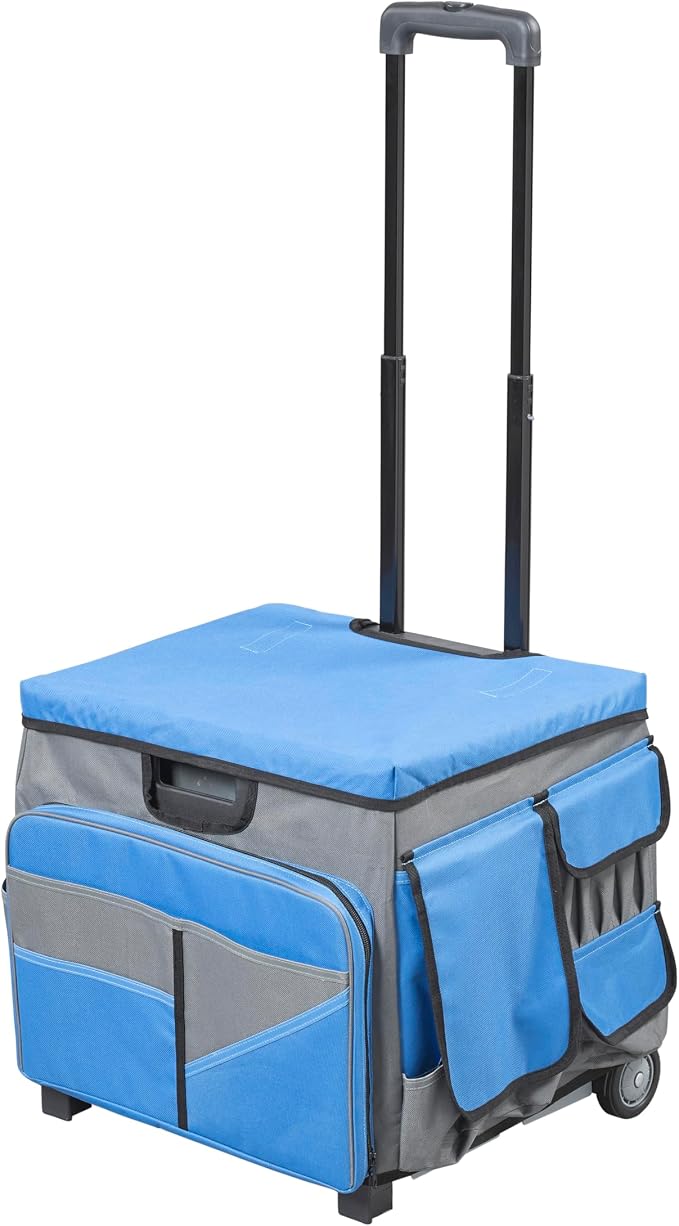 Folding Mobile Utility Cart, Canvas Organizer Bag, Blue/Grey | Durable plastic, 30 compartments, adjustable handle, 40 lb capacity, collapses to 3" thick, rolling wheels for easy transport by SAVVYProductsbySVYP