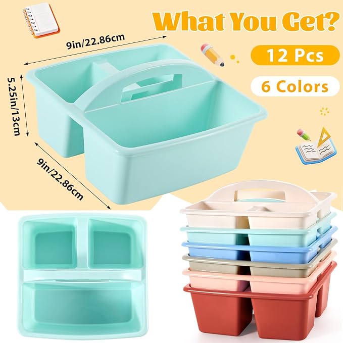 gisgfim 12 Pack Classroom Caddy with Handle Plastic Storage Caddy Organizer with 3 Compartments Desk Caddies Holder Portable Storage Bin for Pencil, Crayon, Marker, Home, Office, School Supply(Retro) - Image 2
