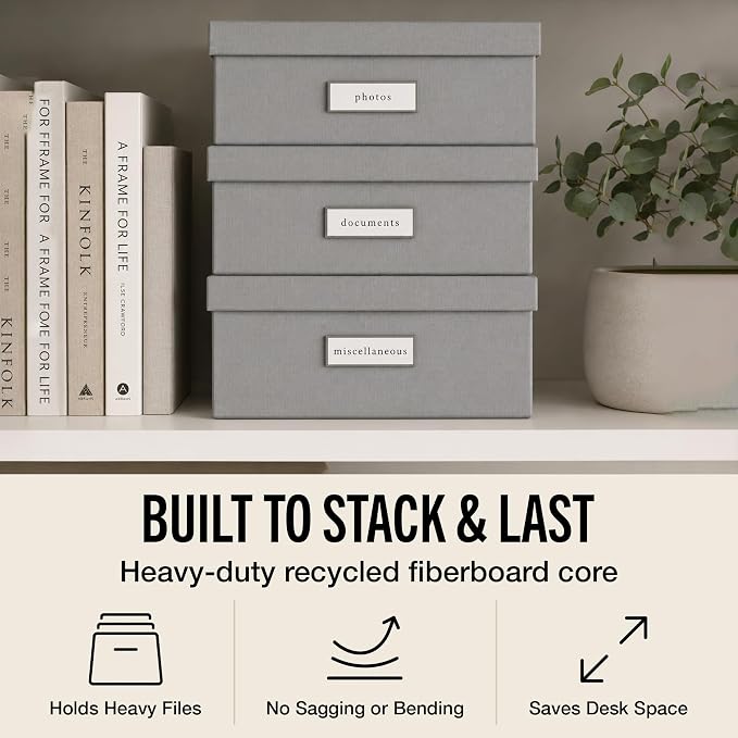 Bigso Box of Sweden Oskar Fiberboard Label Frame Document Letter Box | File Organizer for Important Paperwork with a Lid & Label Window | 3.3"x10.2"x13.8" | 3 Pack | Grey - Image 3
